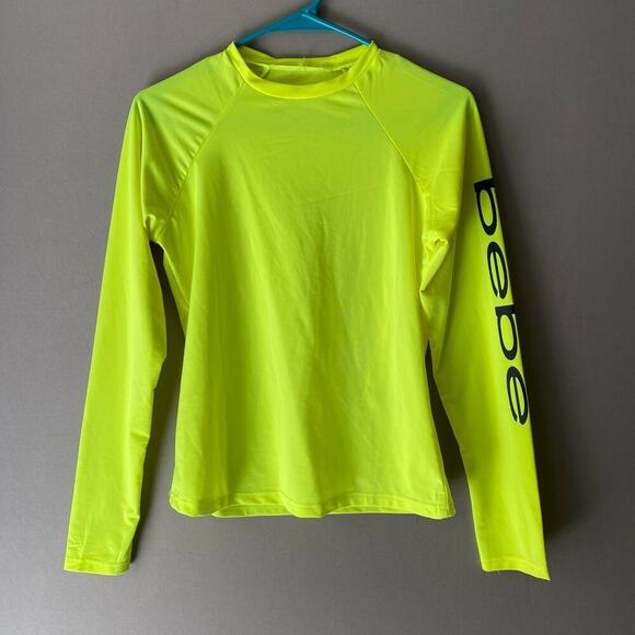 Bebe sz‎ M yellow neon long sleeve spell out compression top - Picture 1 of 7
